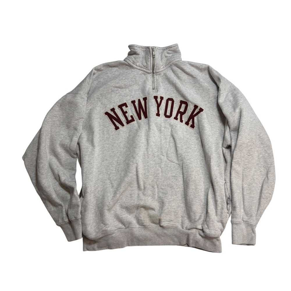 John Galt Brandy Melville New York Quarter Zip Sweatshirt Gray Oversized Pockets